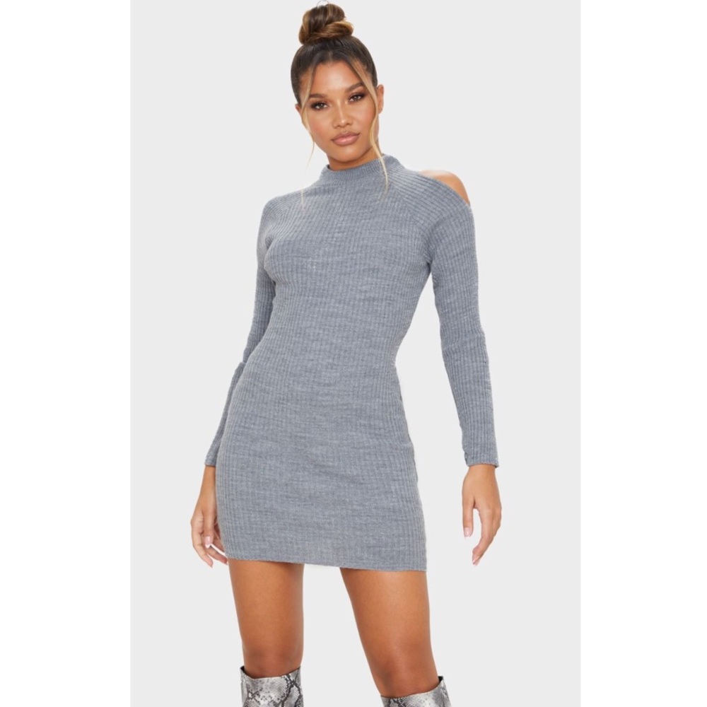 Grey Cutout Shoulder Sweater Dress